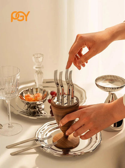 Stainless Steel Fruit Forks Set of 6 with Holder - Small Dessert