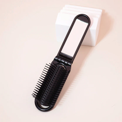 Folding Travel Mirror Hair Brush - Portable Mini Massage Wig Brush
