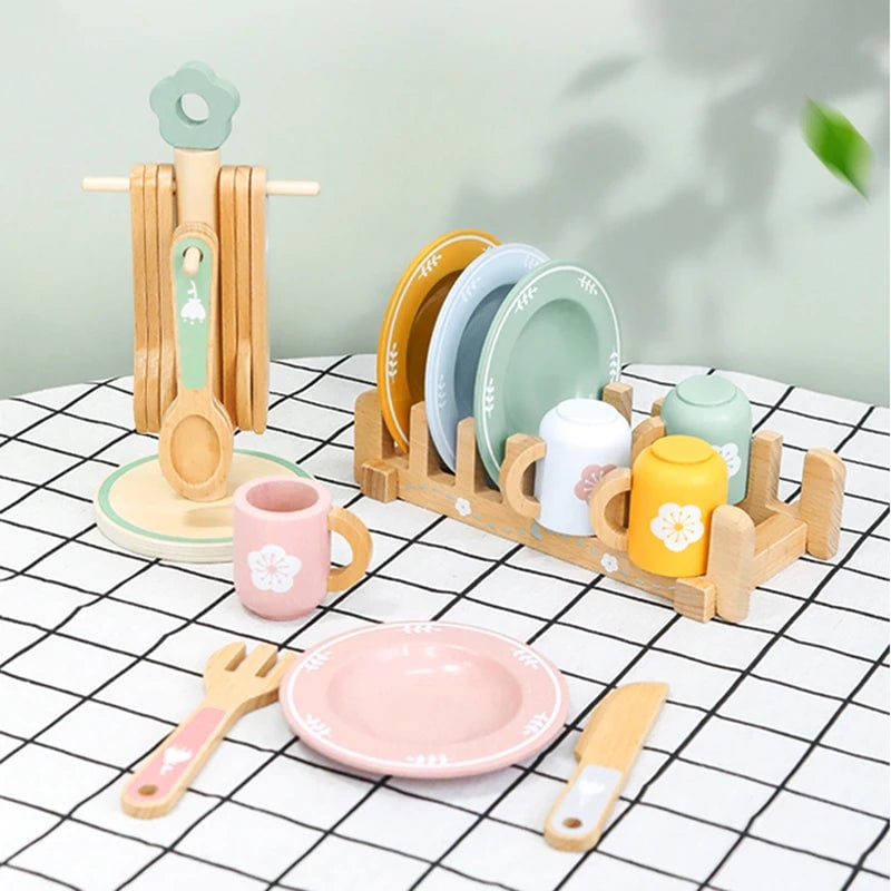 Wooden Kitchen Toy Food Set Educational Role Play Tableware Preschool