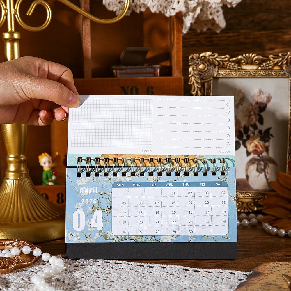 2026 Monthly Desk Calendar Vintage Painting Design With Memo Notes