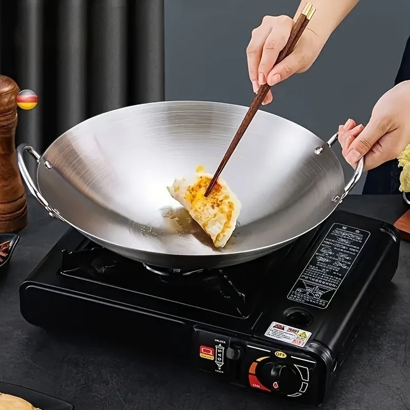 Large Stainless Steel Wok Dual Handle Commercial Chef Pan Uncoated