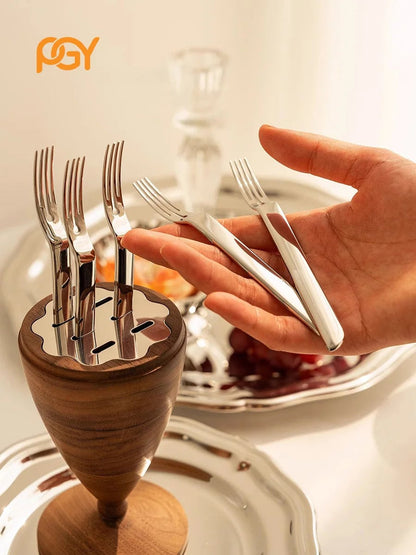 Stainless Steel Fruit Forks Set of 6 with Holder - Small Dessert