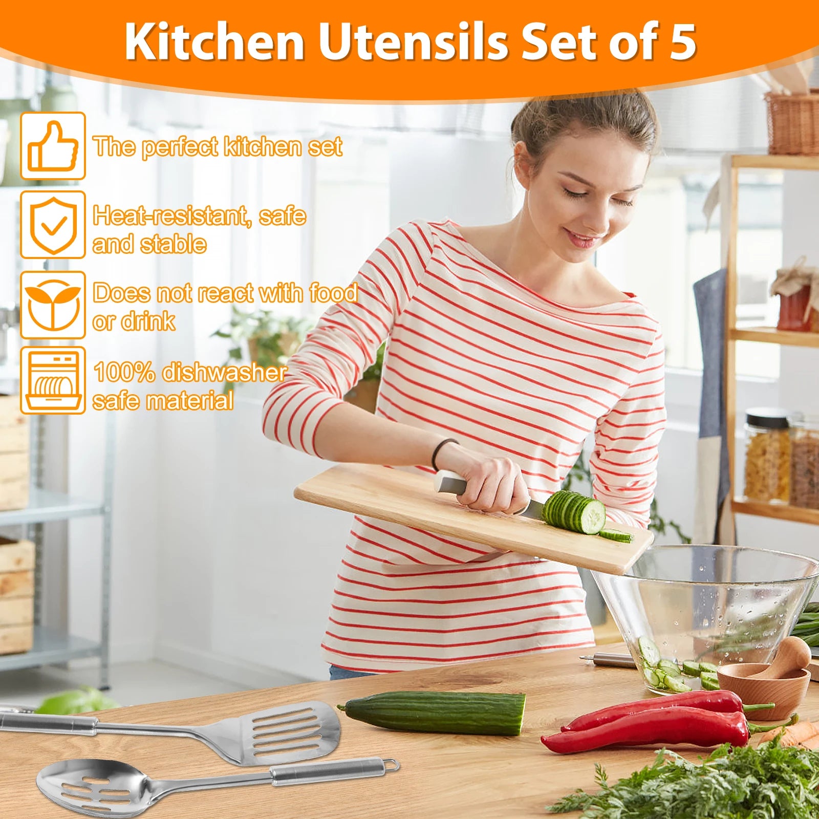 5-Piece Stainless Steel Kitchen Utensil Set - Spatula Spoon Tools