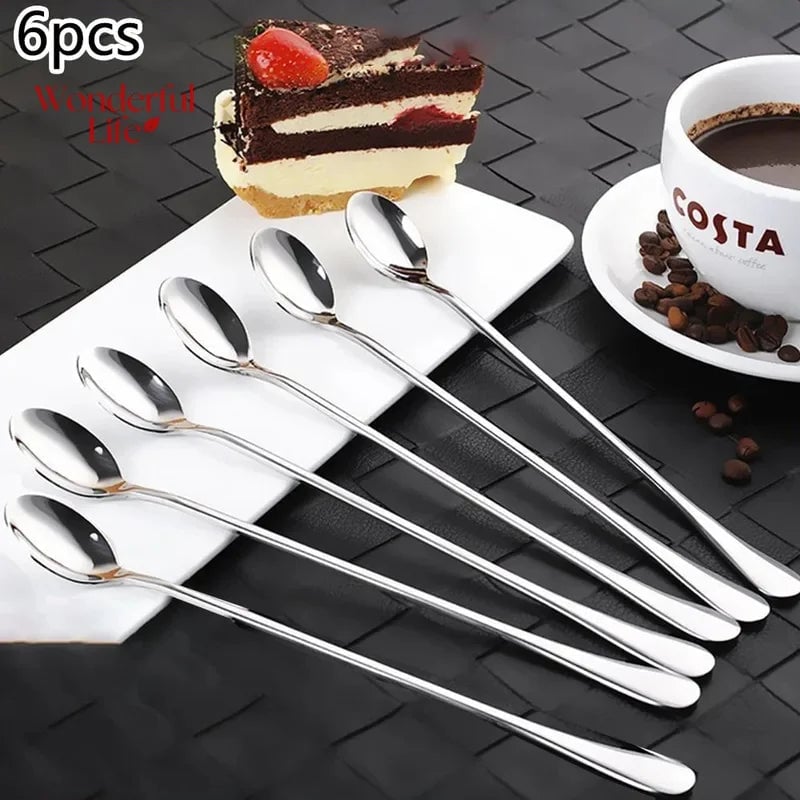 Stainless Steel Long Handle Ice Teaspoons 6pc Set Dishwasher Safe