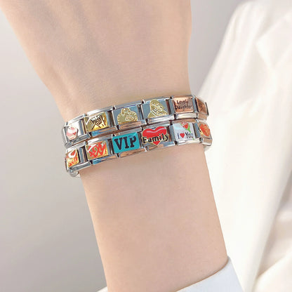 Women's Color Glaze Kiss Me Charm Link 9mm Stainless Steel Bracelet
