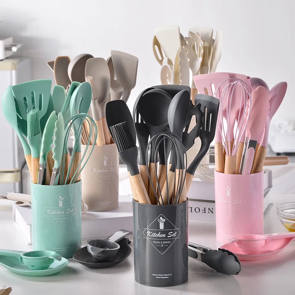 12PC Silicone Kitchen Utensils Set Non-Stick Wooden Handle Spatula