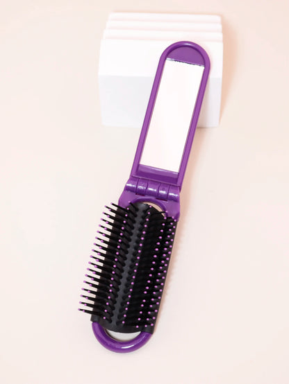 Folding Travel Mirror Hair Brush - Portable Mini Massage Wig Brush