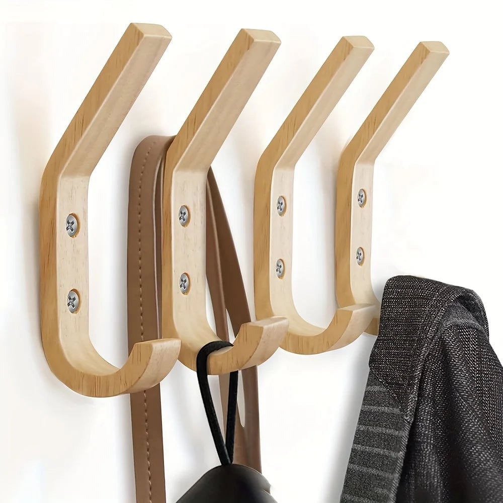 Natural Oak Wall Hooks - Heavy Duty Wooden Coat Hook Organizer