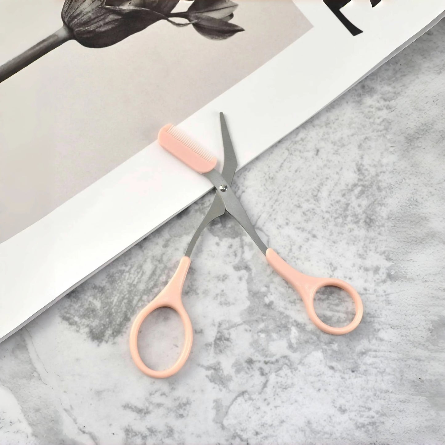Pink Stainless Steel Eyebrow Scissors with Built-in Comb Precision Tool