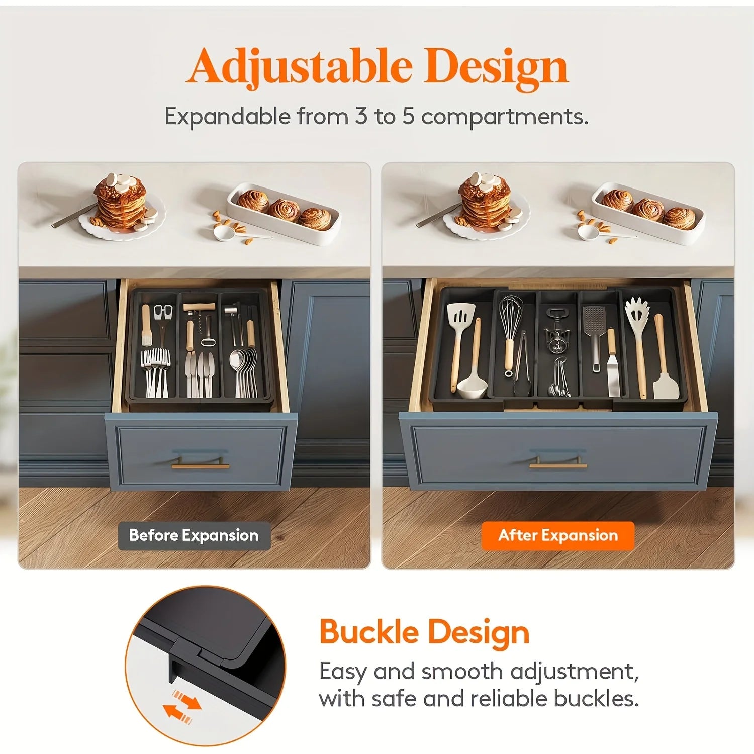 Expandable Plastic Kitchen Utensil Organizer - Adjustable Drawer