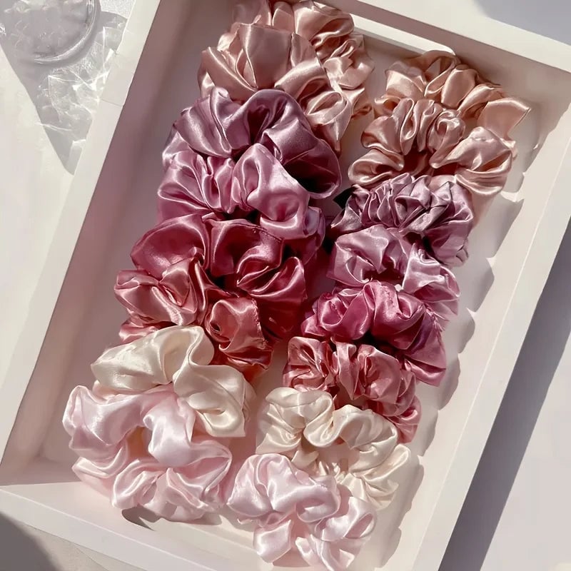 12pc Mixed Color Satin Hair Rings Elastic Ponytail Holders Women