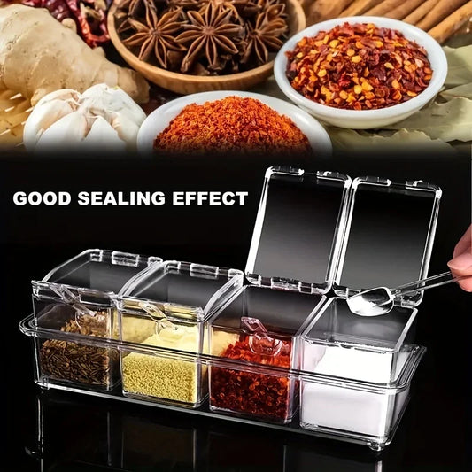 4-Compartment Transparent Seasoning Box with Spoon Lid Storage Base