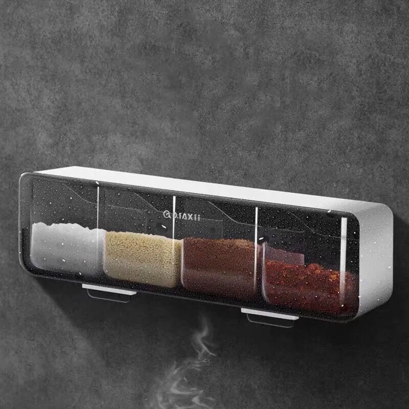 4 Grid Wall Mounted Spice Box Set - Salt Pepper Seasoning Storage