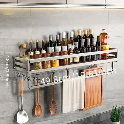 Aluminum Wall-Mounted Spice Rack with Hooks - Kitchen Storage Shelf