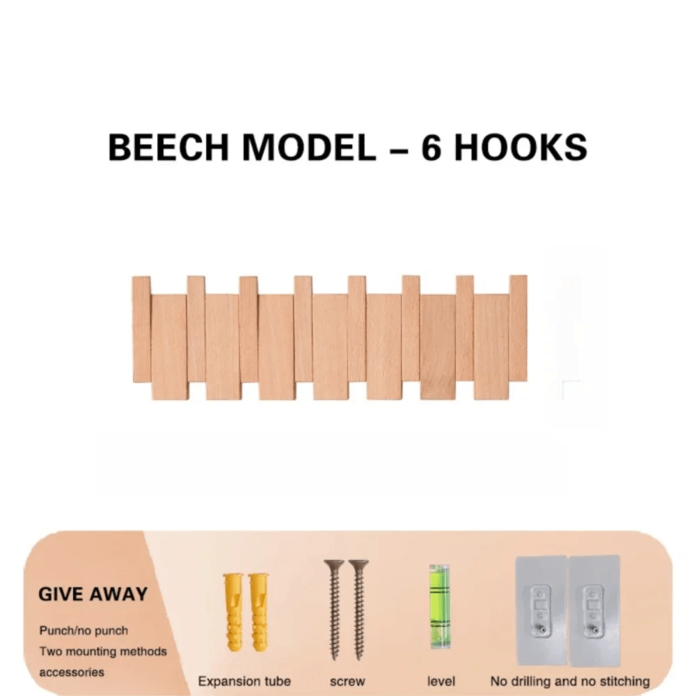 Wall Mounted Wood Coat Rack 8 Hooks Piano Key Shaped Entry Porch