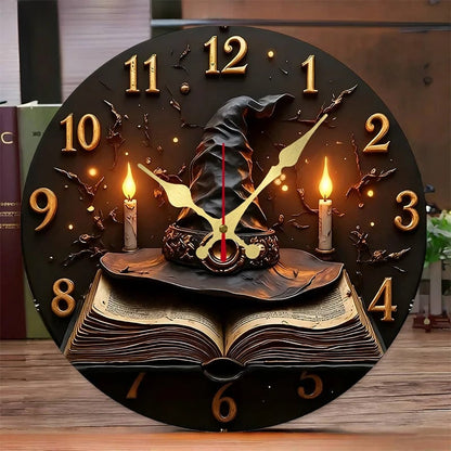Wizard Hat Books Wooden Wall Clock Silent Round Home Decor