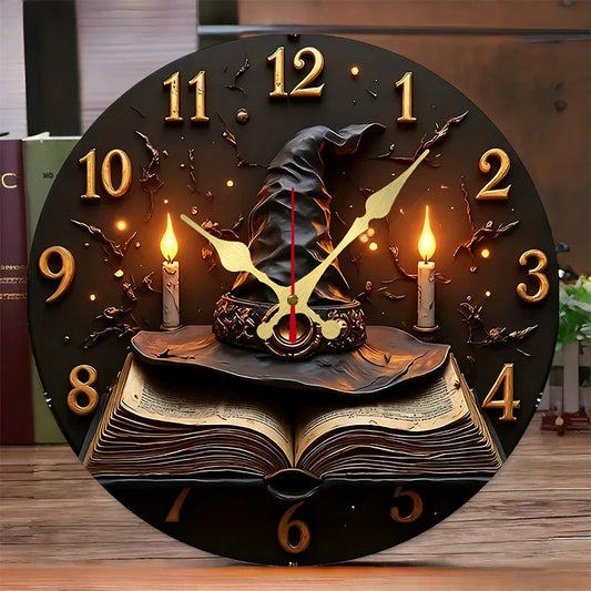 Wizard Hat Books Wooden Wall Clock Silent Round Home Decor