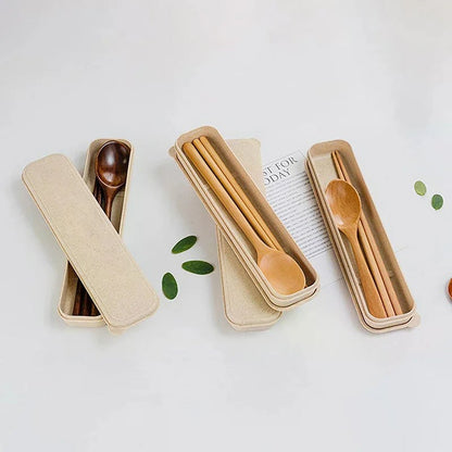 3-Piece Natural Wooden Cutlery Set - Spoon Fork Chopsticks With Box