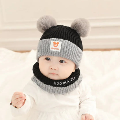 Baby Winter Hat Scarf Set - Bear Ear Knitted Crochet Beanie Cap