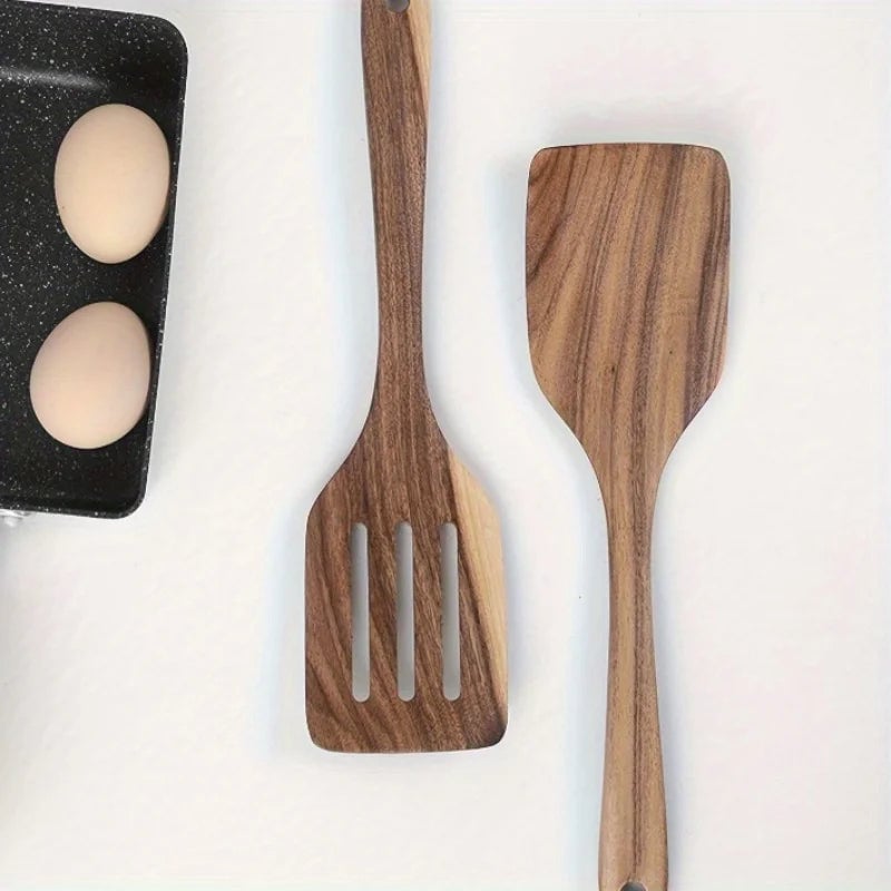 Wooden Spatula Set - Durable Long Handle Kitchen Utensils with Slotted