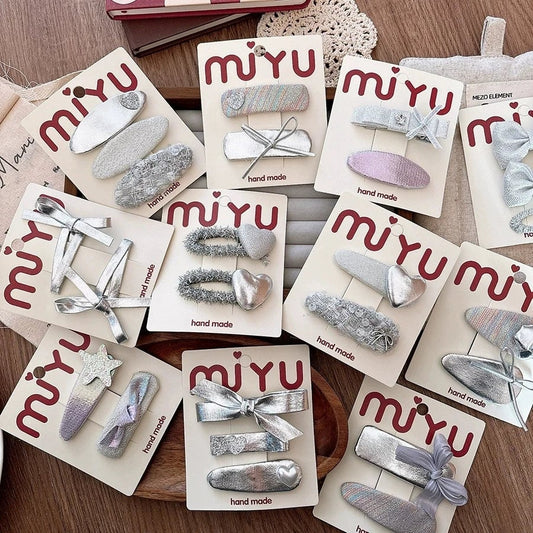 Silver PU Leather Hair Clips - Korean Style Snap Clips for Girls