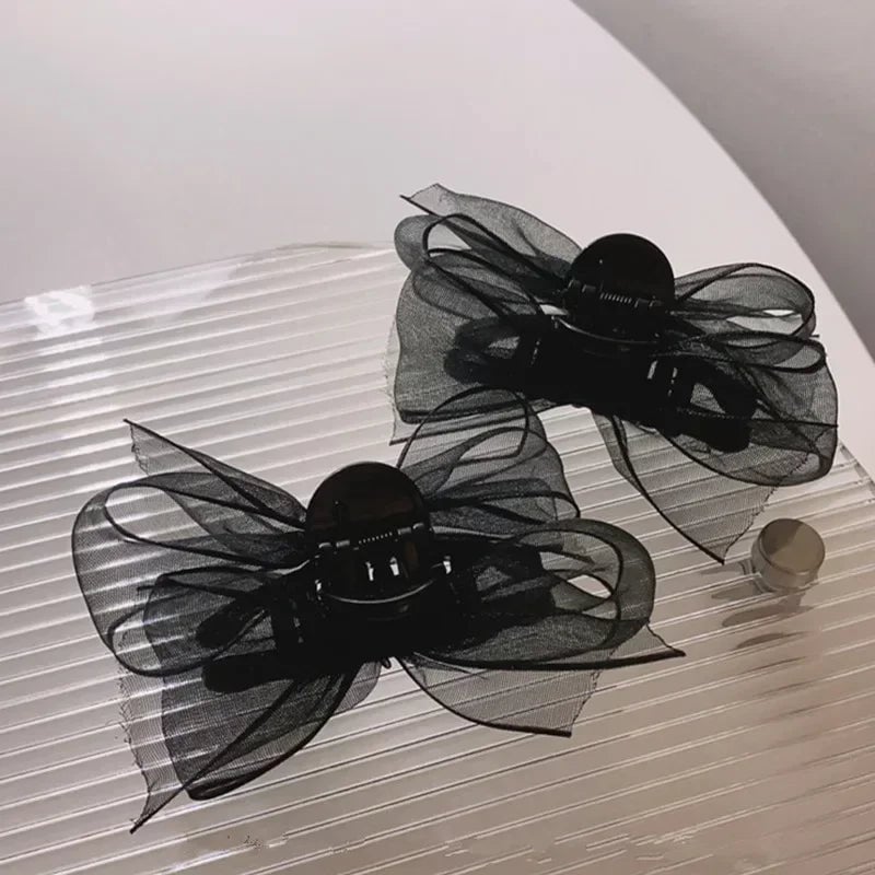 Black Matte Bowknot Mesh Hair Clips Set - 2pcs Bobby Pin Barrettes