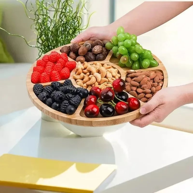 Bamboo Round Fruit Tray 5 Compartment Wooden Plate with Dividers