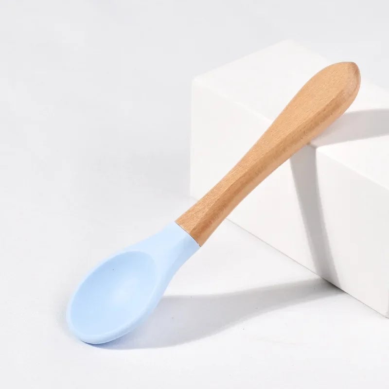 BPA Free Silicone Baby Spoon Fork Set - Wooden Handle Feeding