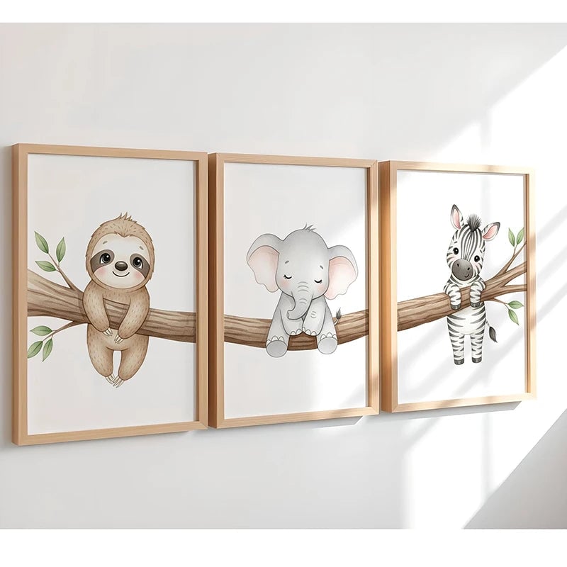 Safari Animal Canvas Wall Art - Sloth Elephant Zebra Tree Nursery Print
