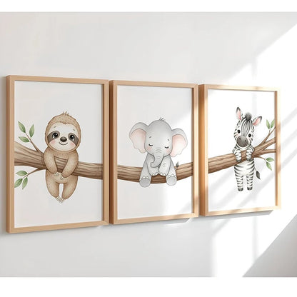 Safari Animal Canvas Wall Art - Sloth Elephant Zebra Tree Nursery Print