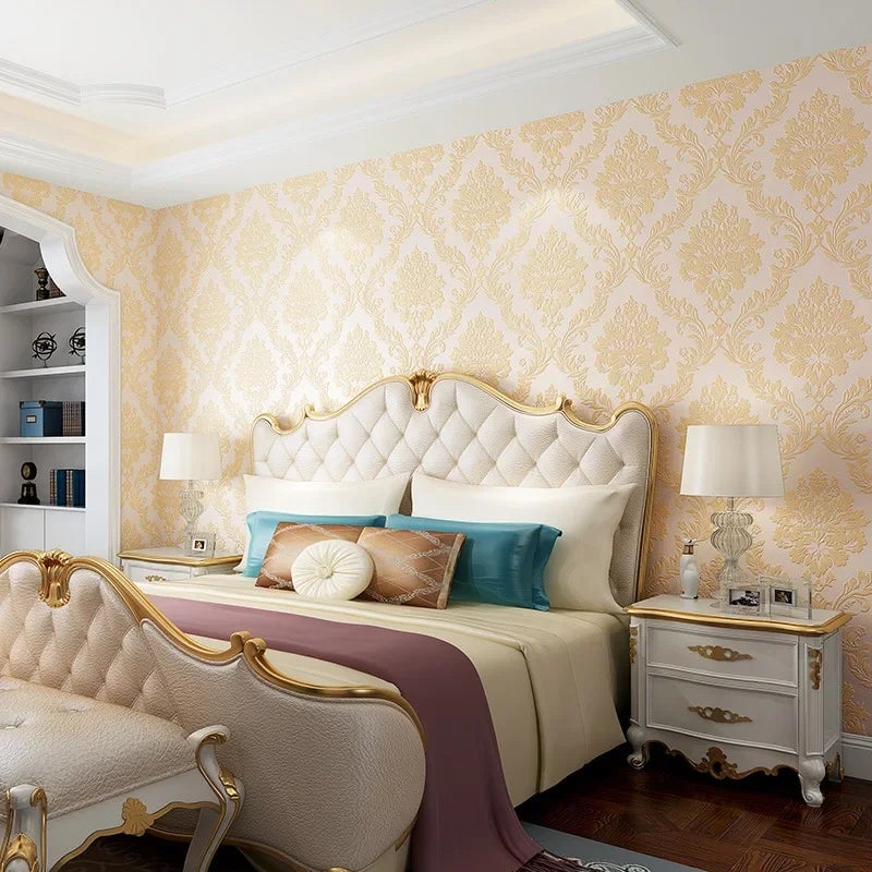 3D Metallic Damask Vinyl Wallpaper Roll Beige Cream Red Brown