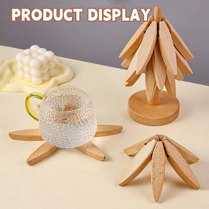Tree Shape Wooden Trivet Set 4 Foldable Hot Dish Stands Heat Resistant