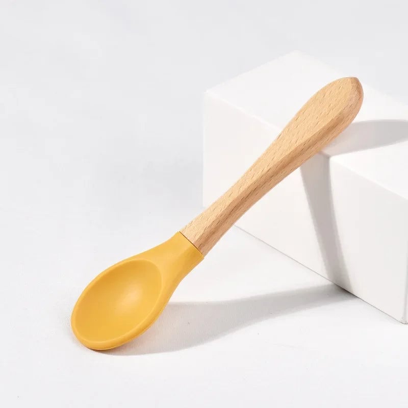 BPA Free Silicone Baby Spoon Fork Set - Wooden Handle Feeding