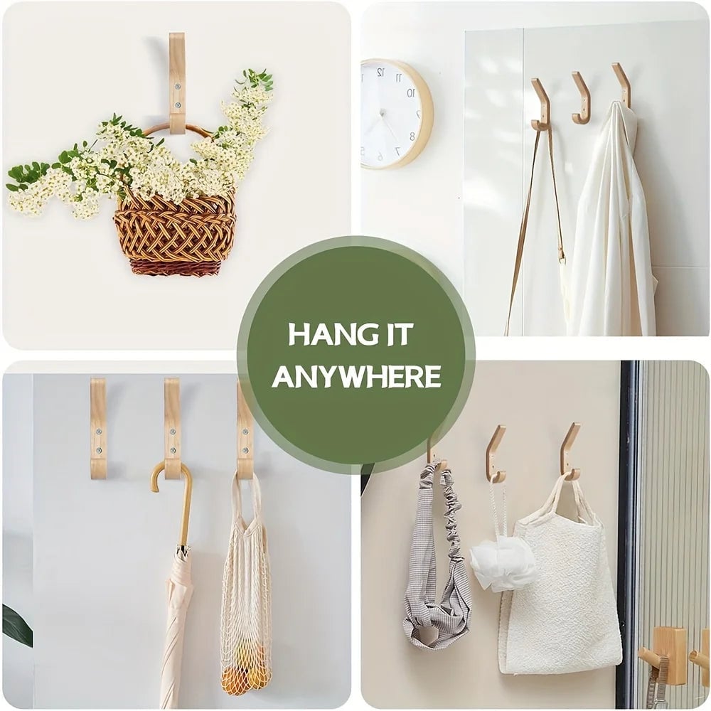 Natural Oak Wall Hooks - Heavy Duty Wooden Coat Hook Organizer