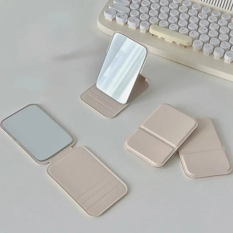 Foldable PU Leather Desktop Makeup Mirror - Portable Compact Design
