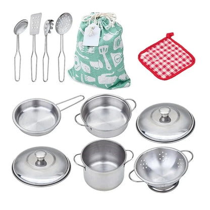 Kids Stainless Steel Cookware Play Set - Pots Pans Kitchen Utensils