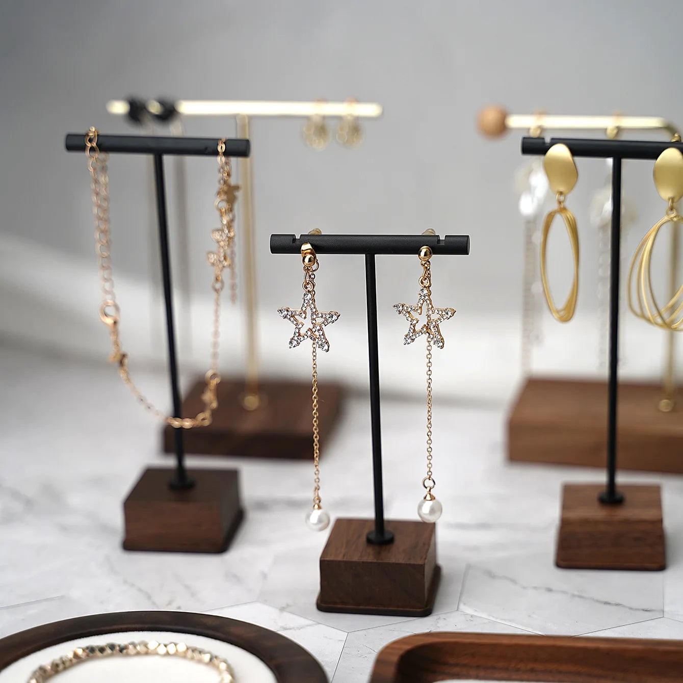 Copper Wood Jewelry Display Stand - Necklace Earrings Organizer