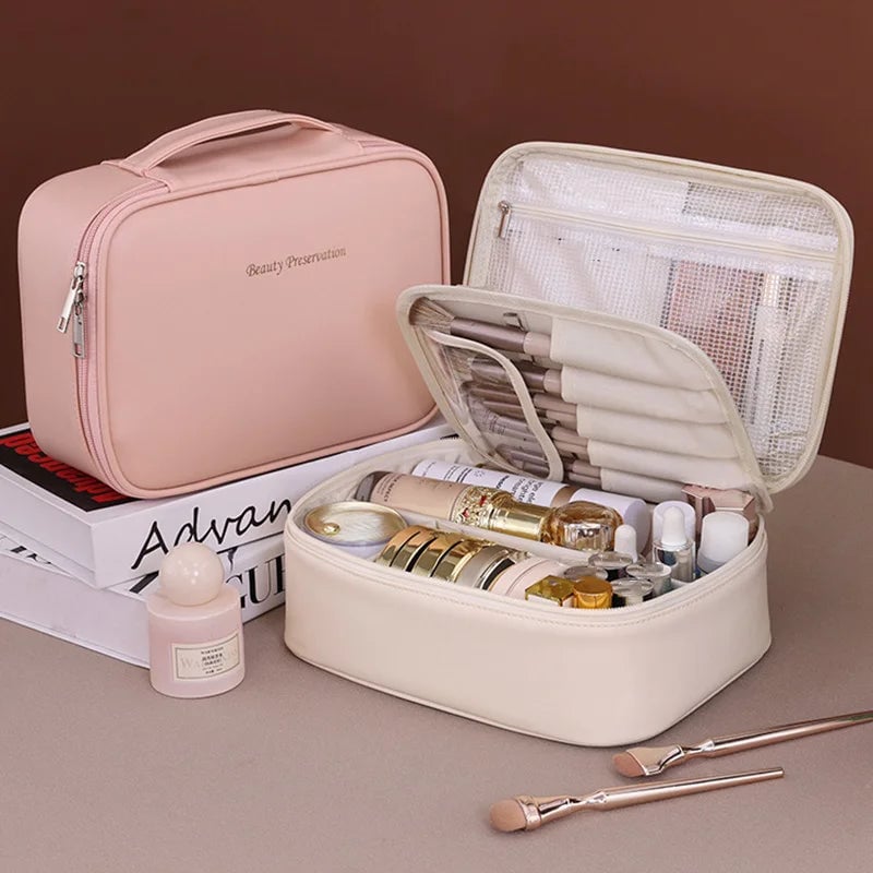 Large PU Leather Tote Makeup Bag - Travel Cosmetic Storage Organizer