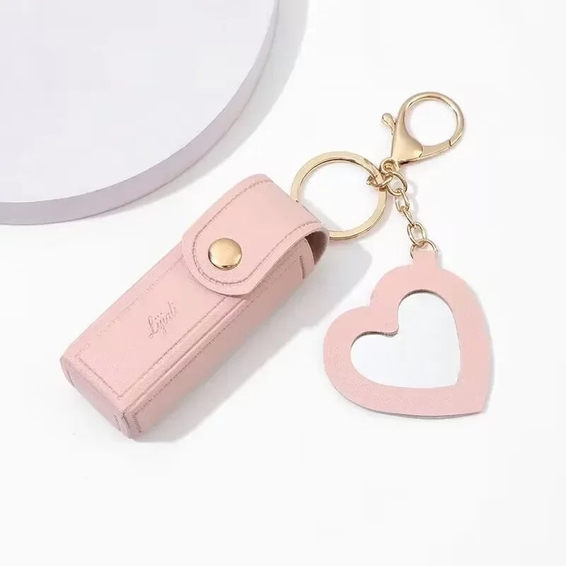 Leather Lipstick Pouch with Mirror & Keychain - Protective Makeup Bag