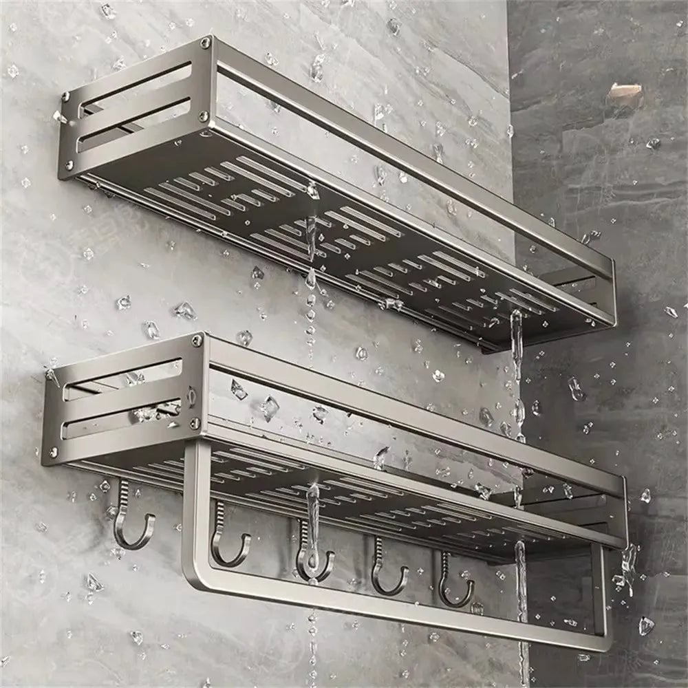 Aluminum Wall-Mounted Spice Rack with Hooks - Kitchen Storage Shelf