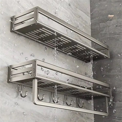 Aluminum Wall-Mounted Spice Rack with Hooks - Kitchen Storage Shelf