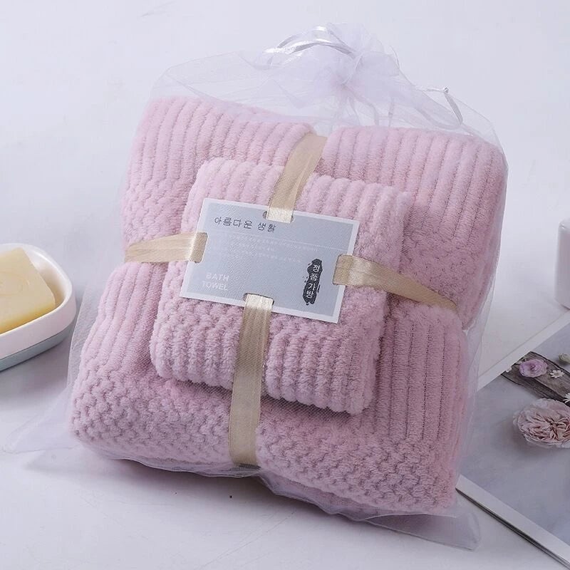 Lucky Grid Coral Fleece Bath Towel Set - Quick-Dry Absorbent