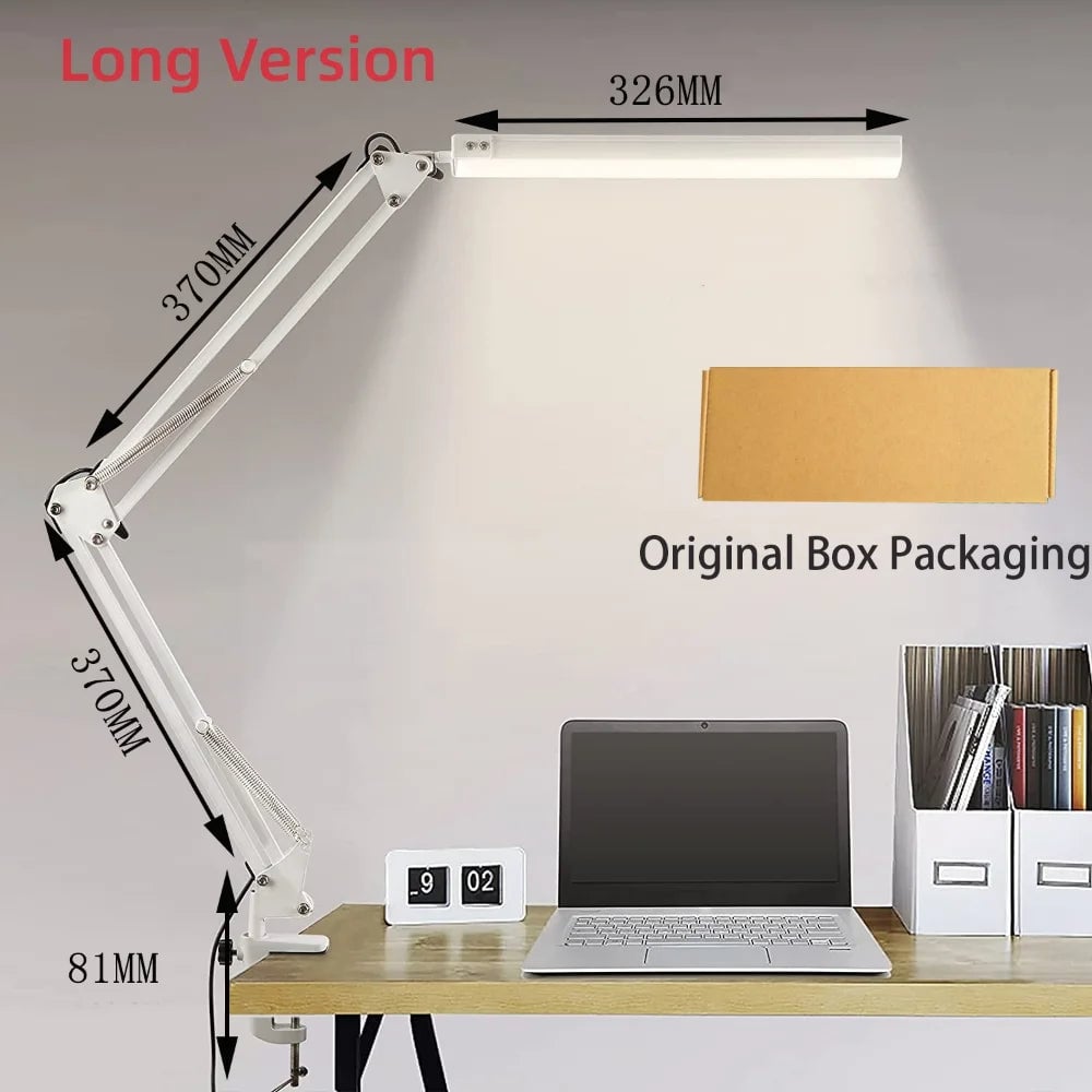 10W LED Clamp Desk Lamp - Swing Arm, 10 Brightness Levels, 3 Modes