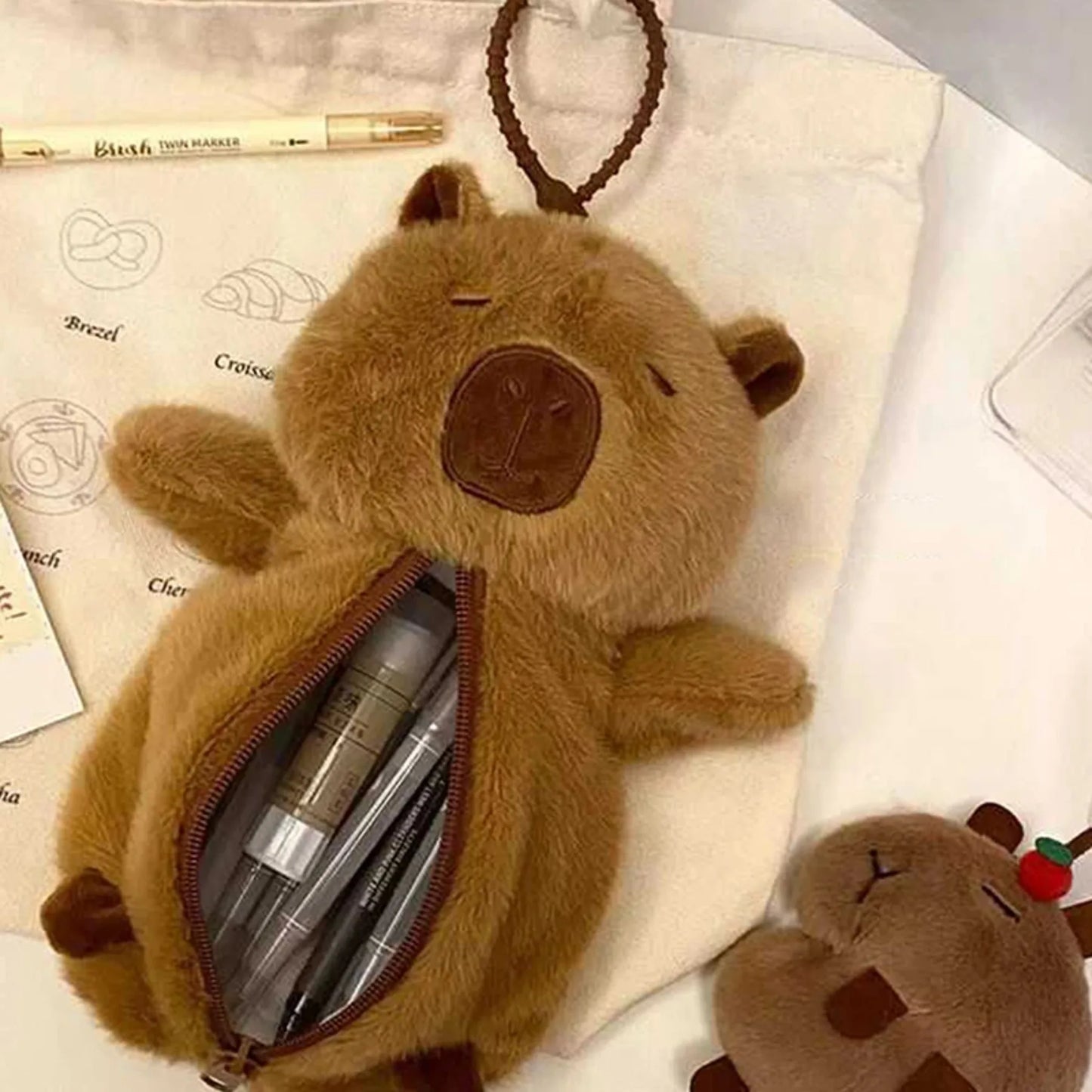 Large Capacity Plush Capybara Pencil Case Multifunctional Storage