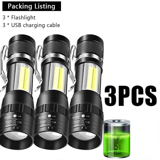 USB Rechargeable Mini Flashlight COB+XPE LED 3-Mode Zoomable Torch
