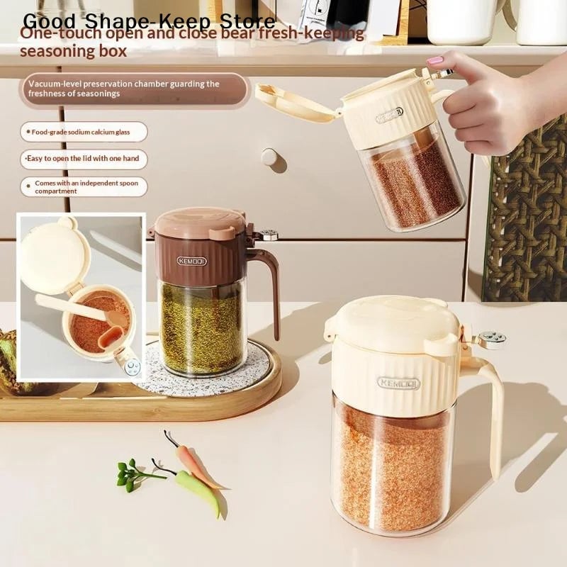 Glass Salt Shaker with Spoon - Moisture-Proof Seasoning Storage Jar