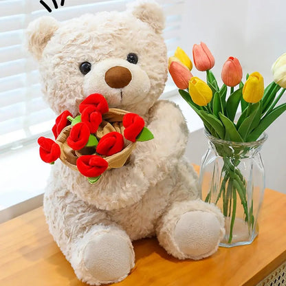 Plush Teddy Bear with Roses Stuffed Soft Toy Romantic Decor Gift