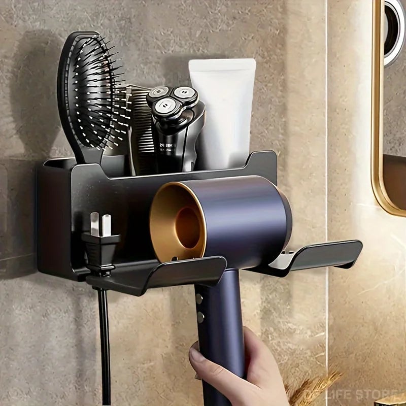 Wall Mount Hair Dryer Holder with Brush Storage Box Bathroom Organizer