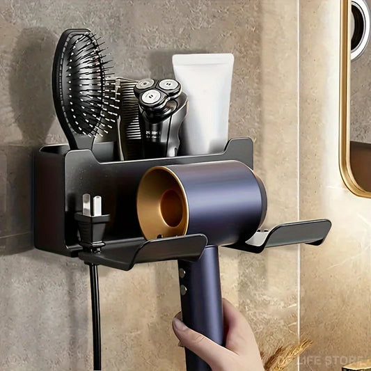 Wall Mount Hair Dryer Holder with Brush Storage Box Bathroom Organizer