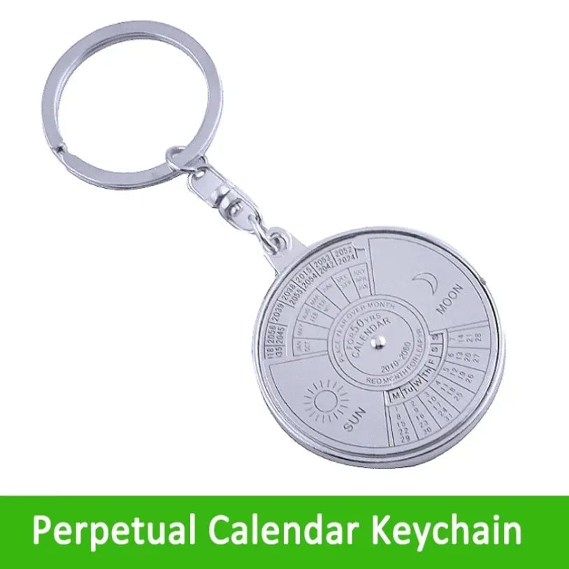 50-Year Perpetual Calendar Keychain - Silver Metal Alloy Multifunctional
